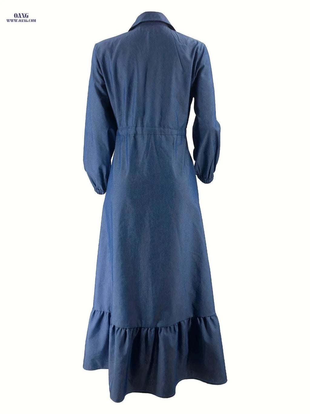 Faux Denim Collared Dress - Middle Eastern Style Waist-Tied Design   OAXG Navy Blue / S
