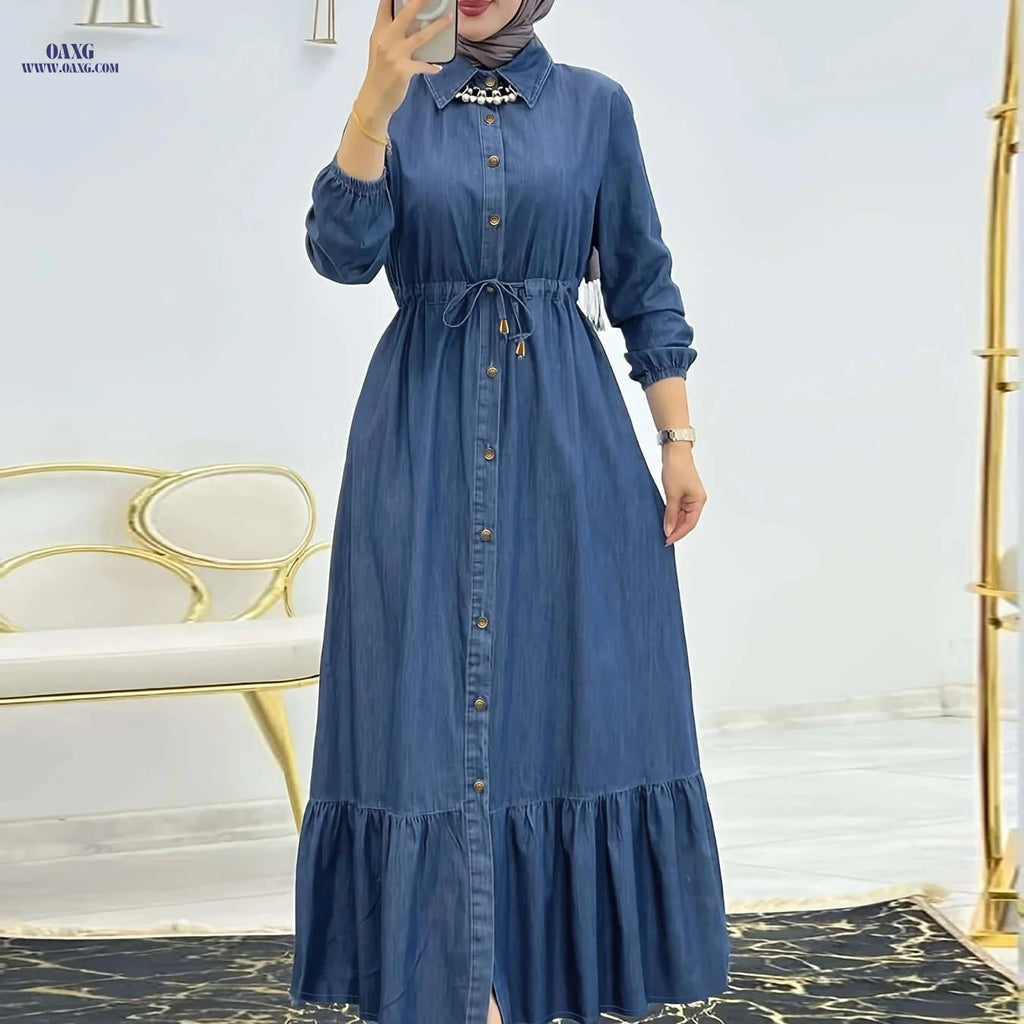 Faux Denim Collared Dress - Middle Eastern Style Waist-Tied Design   OAXG Navy Blue / S