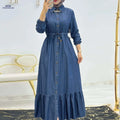 Faux Denim Collared Dress - Middle Eastern Style Waist-Tied Design   OAXG Navy Blue / S
