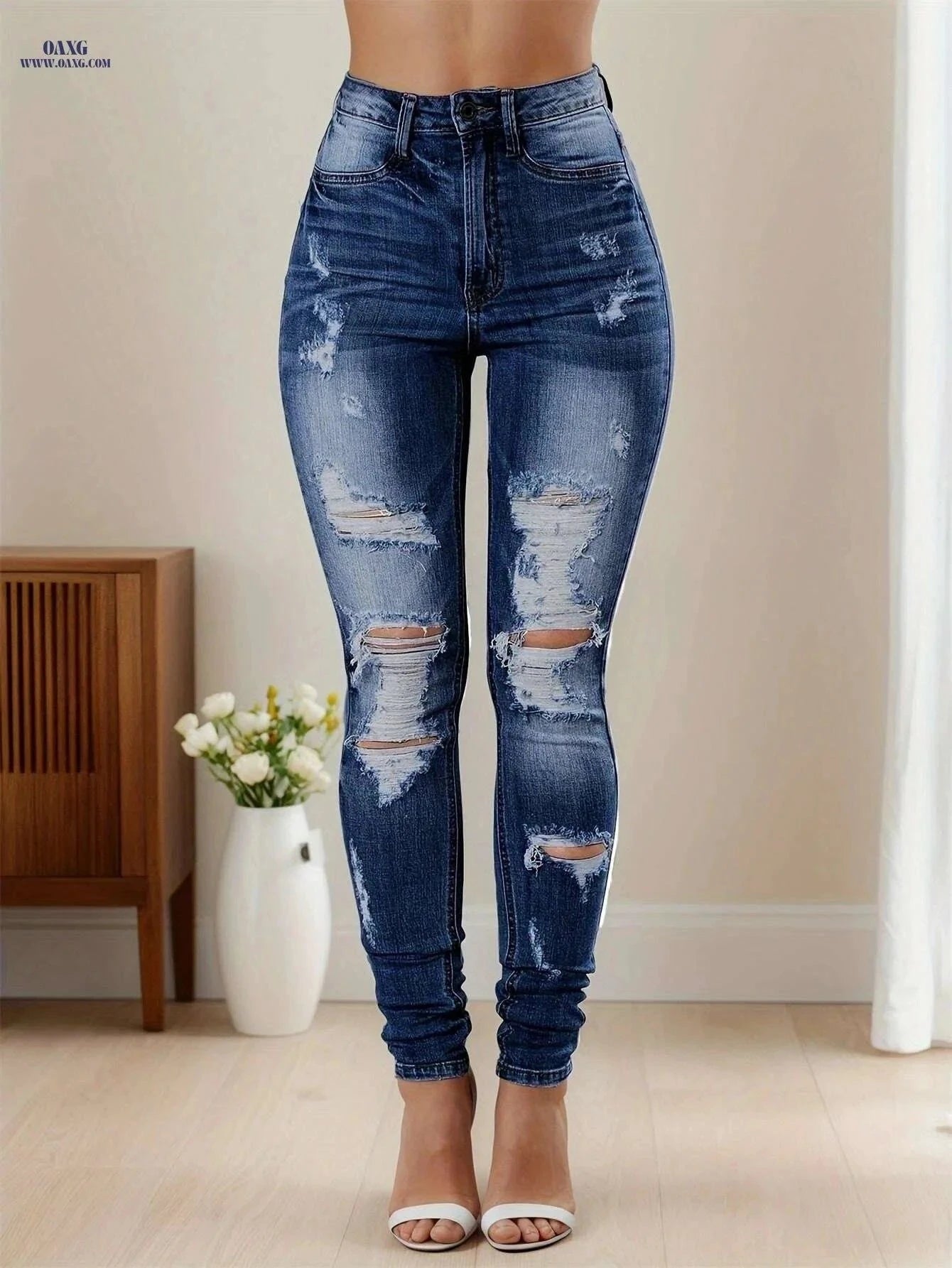 FB FENGBAY High Rise Ripped Skinny Jeans - Women's Distressed Denim   OAXG Black / XXS