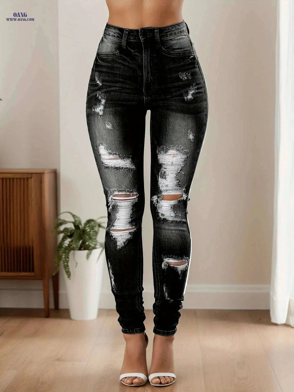 FB FENGBAY High Rise Ripped Skinny Jeans - Women's Distressed Denim   OAXG Black / XXS