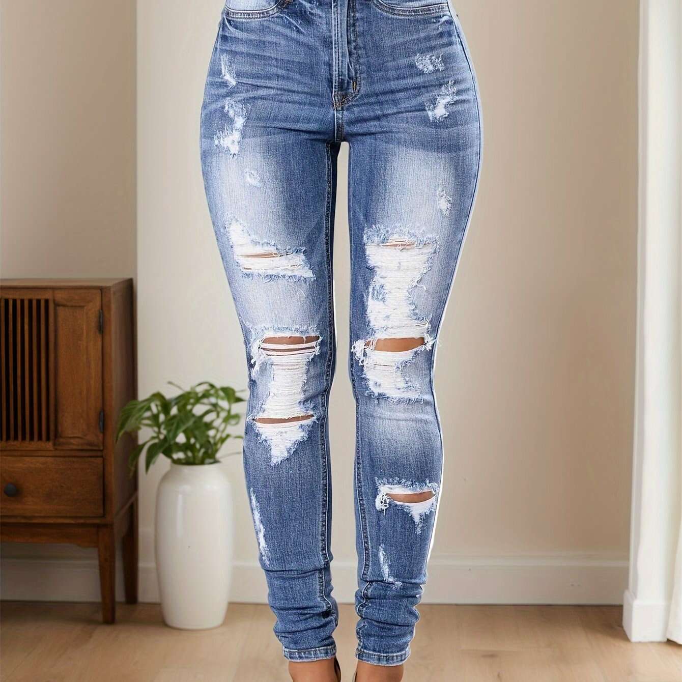 FB FENGBAY High Rise Ripped Skinny Jeans - Women's Distressed Denim   OAXG Black / XXS