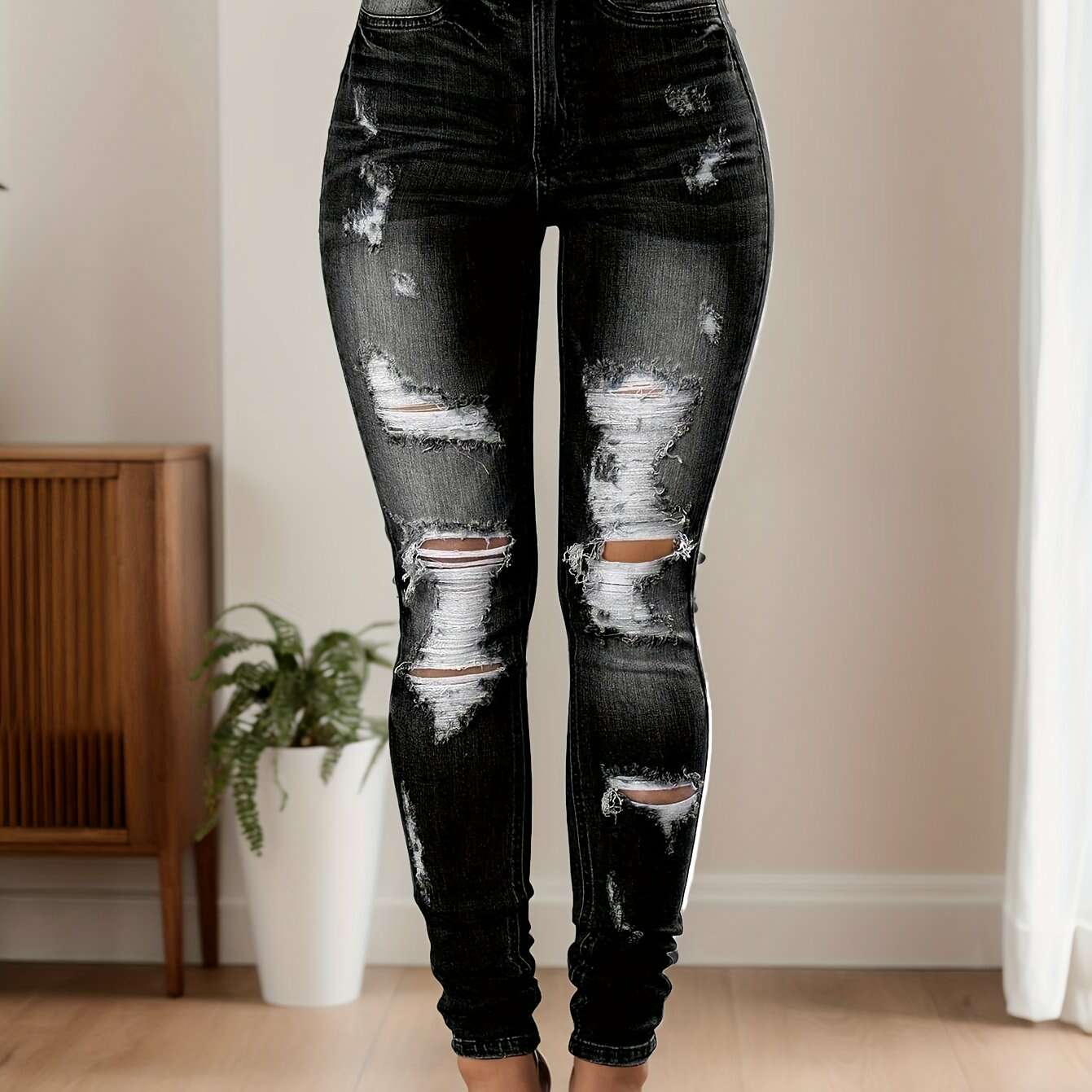 FB FENGBAY High Rise Ripped Skinny Jeans - Women's Distressed Denim   OAXG Black / XXS