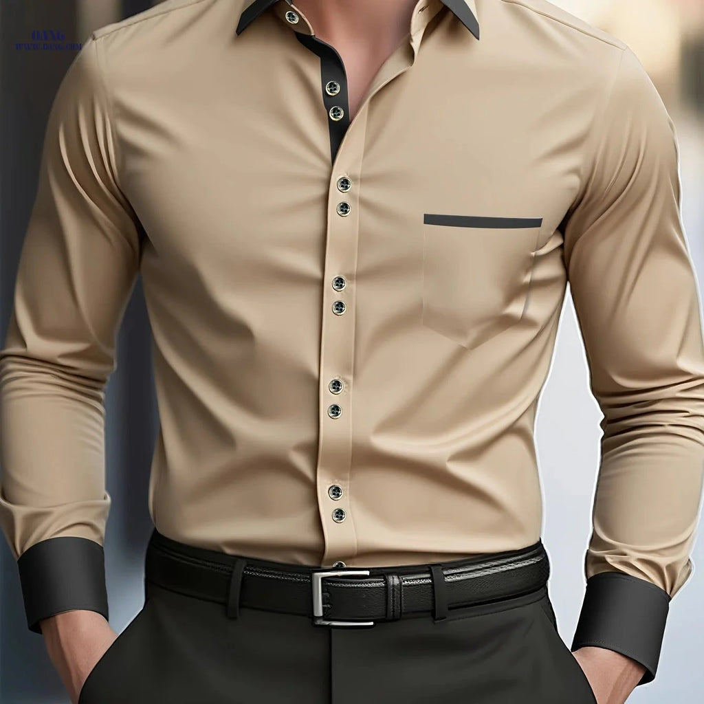 FGKKS Men's Light Brown Khaki Button-Up Shirt - Spring/Fall Fashion   OAXG Khaki / FR S