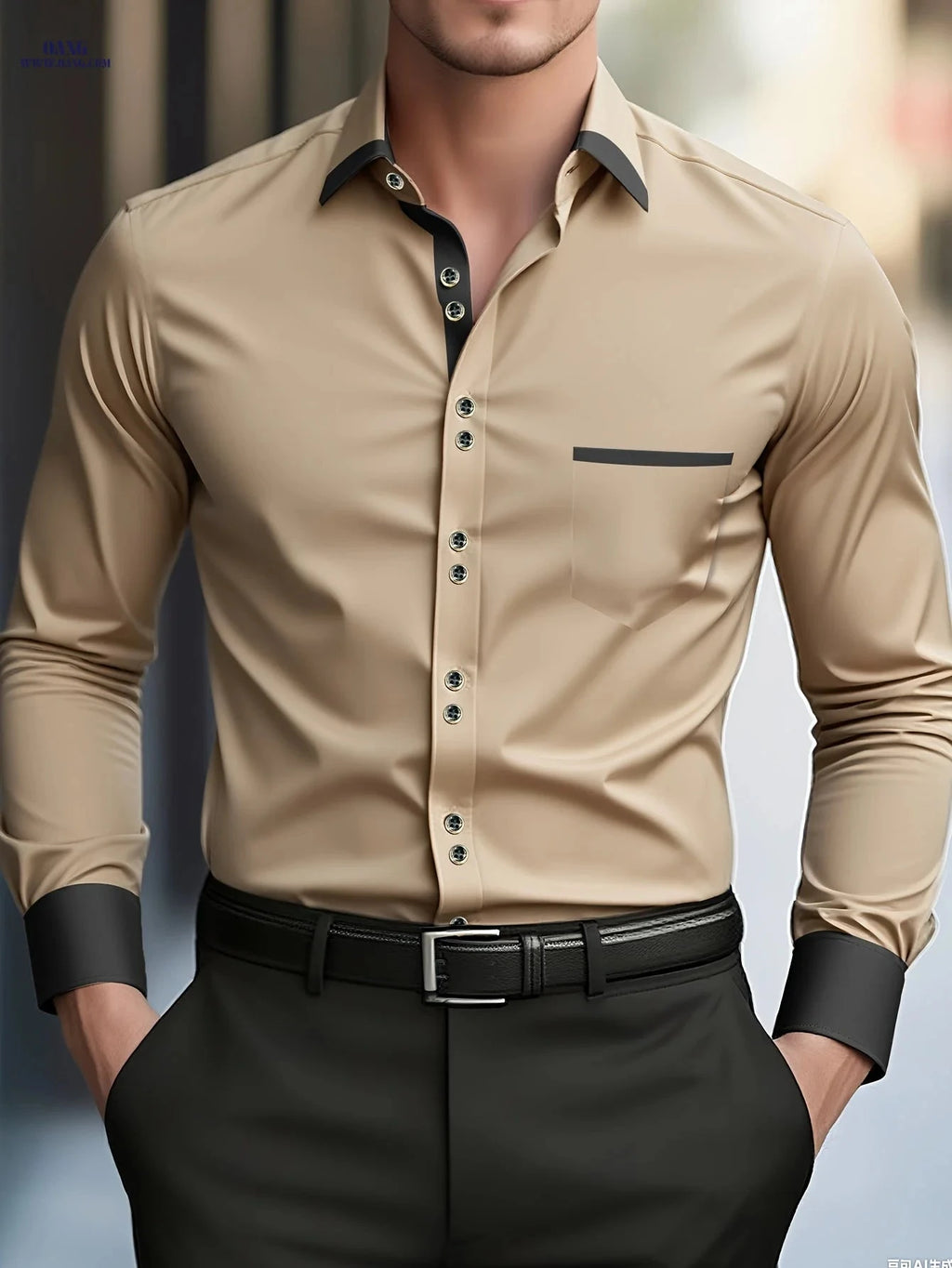 FGKKS Men's Light Brown Khaki Button-Up Shirt - Spring/Fall Fashion   OAXG Khaki / FR S
