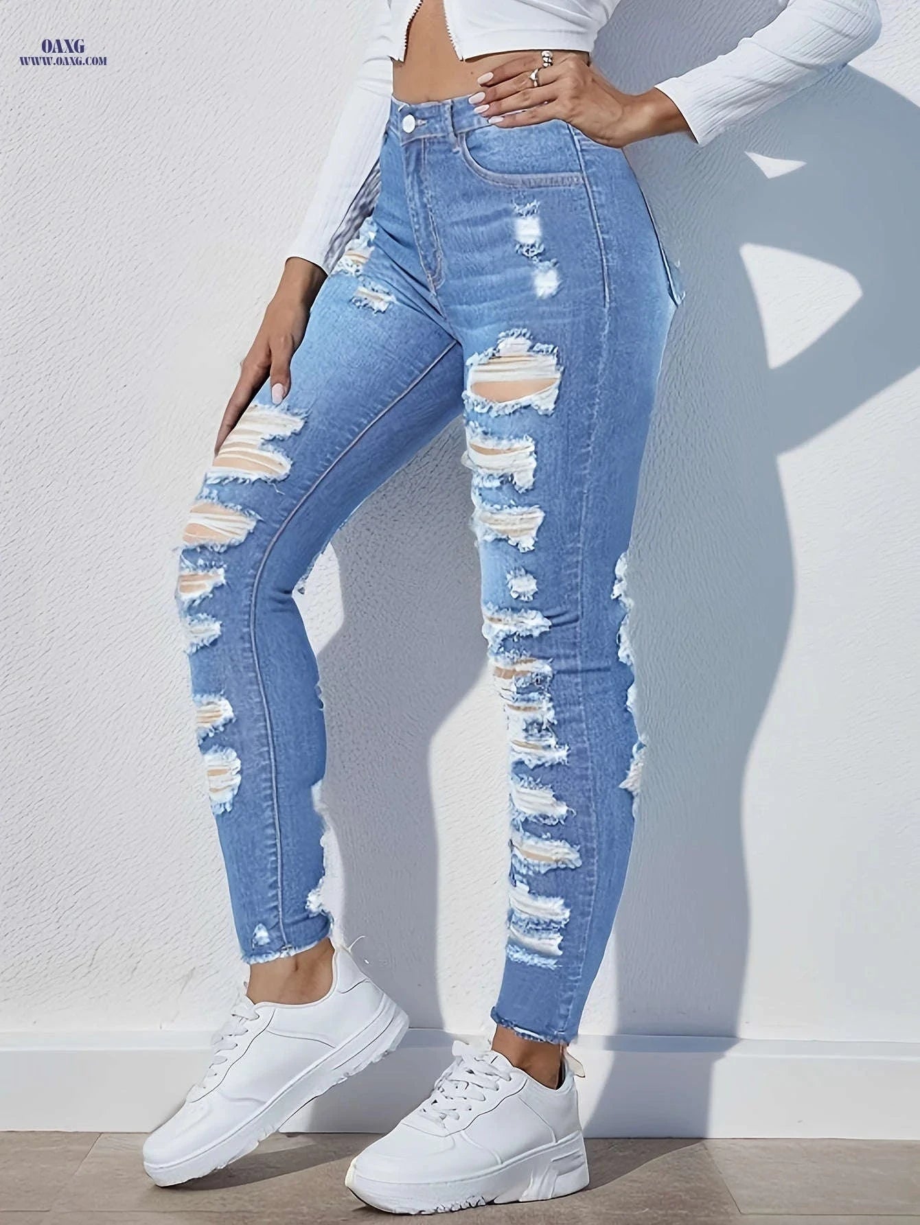 Flattering High Waist Skinny Jeans - Versatile Casual Wear   OAXG Light Blue / XS