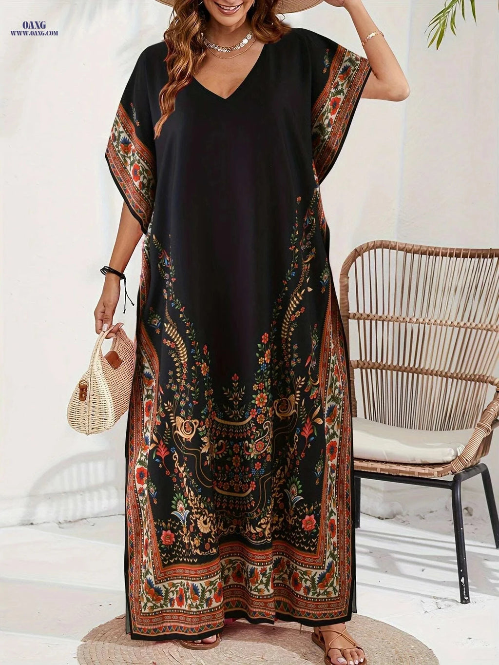Floral Abaya - Women's Casual V-Neck Maxi Dress, Non-Stretch Fit   OAXG 