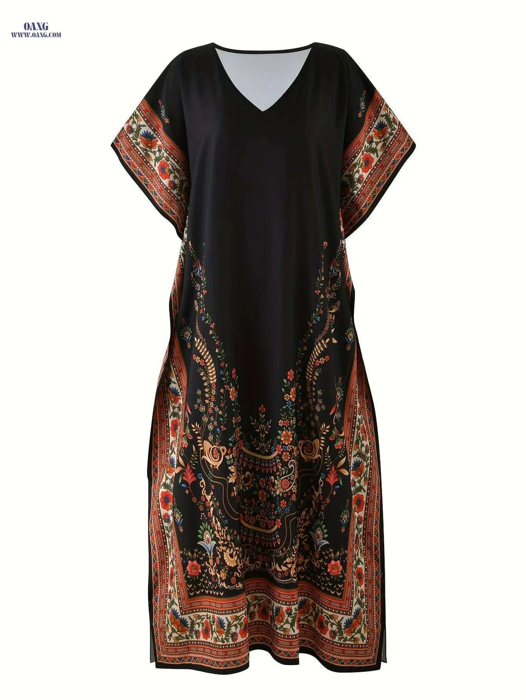 Floral Abaya - Women's Casual V-Neck Maxi Dress, Non-Stretch Fit   OAXG 