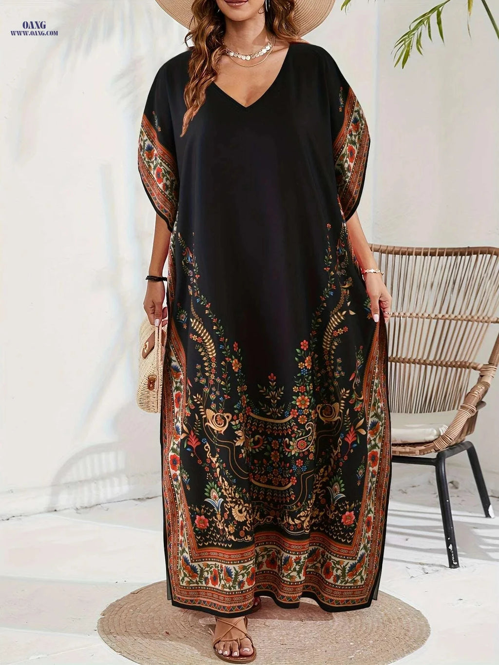 Floral Abaya - Women's Casual V-Neck Maxi Dress, Non-Stretch Fit   OAXG Mixed Color / One-size
