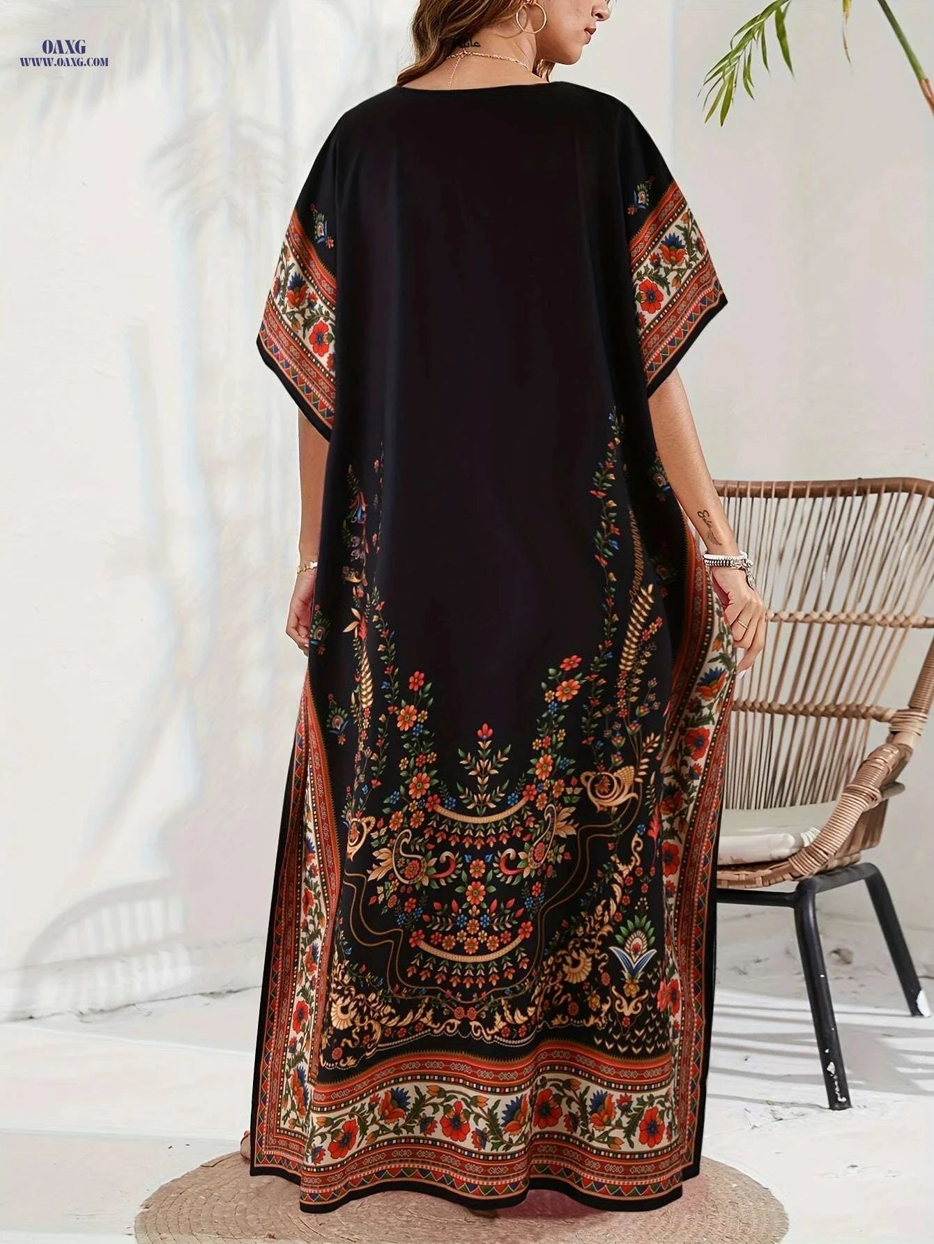 Floral Abaya - Women's Casual V-Neck Maxi Dress, Non-Stretch Fit   OAXG Mixed Color / One-size
