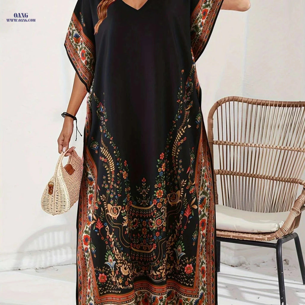 Floral Abaya - Women's Casual V-Neck Maxi Dress, Non-Stretch Fit   OAXG Mixed Color / One-size