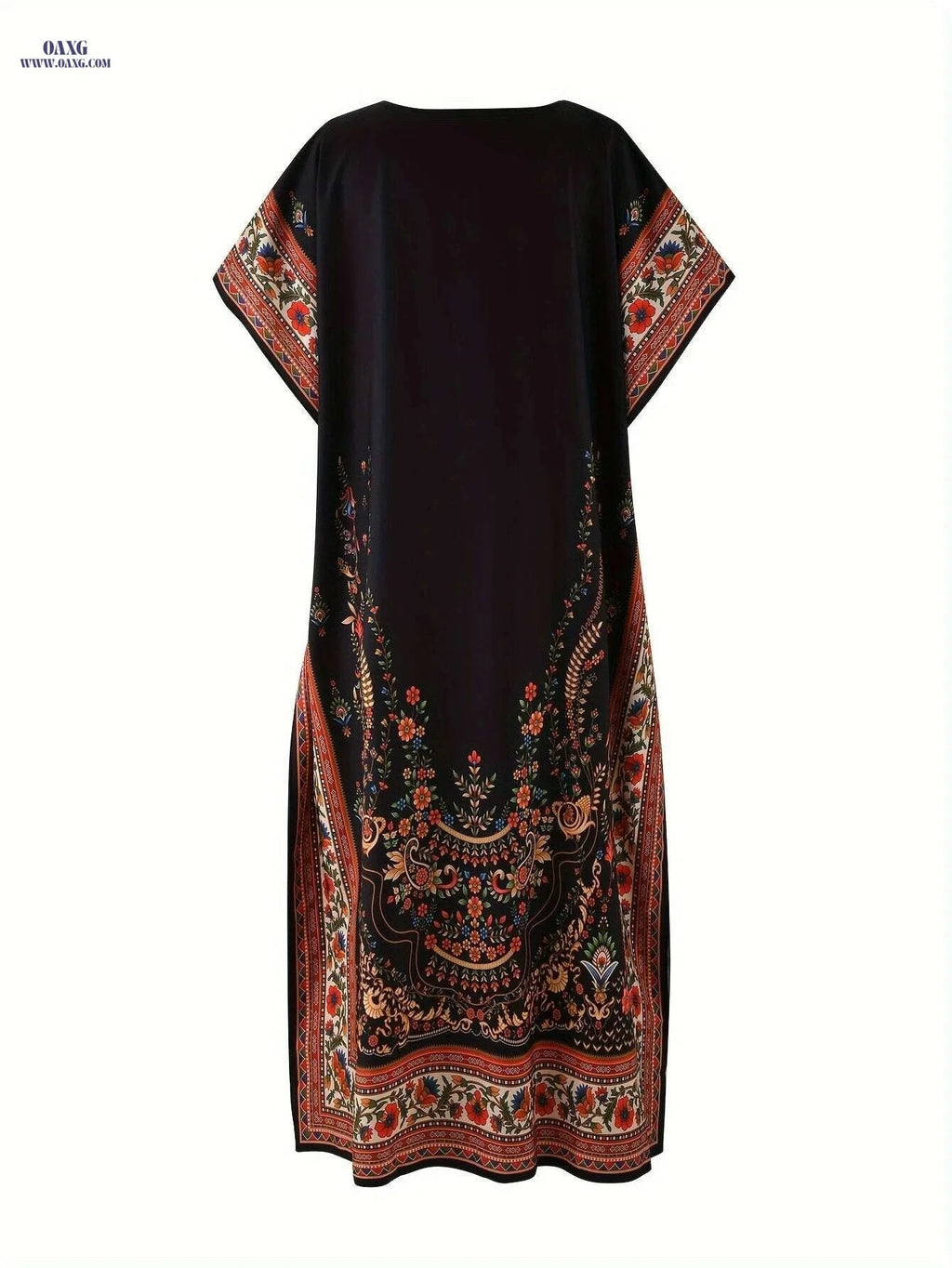 Floral Abaya - Women's Casual V-Neck Maxi Dress, Non-Stretch Fit   OAXG 