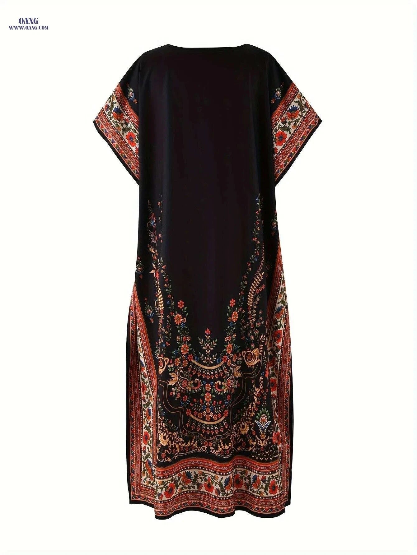 Floral Abaya - Women's Casual V-Neck Maxi Dress, Non-Stretch Fit   OAXG 