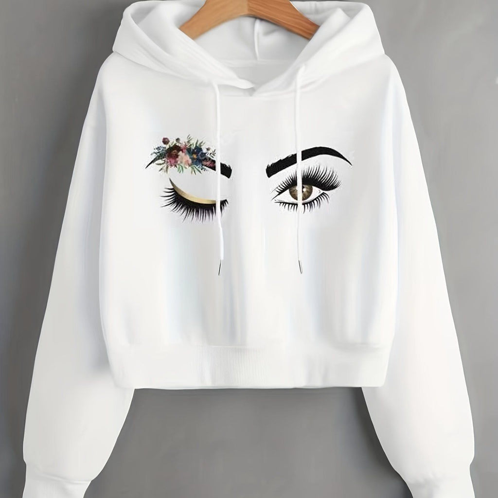 Floral And Figure Graphic Drop Shoulder Drawstring Cropped Thermal Hoodie   OAXG White / S
