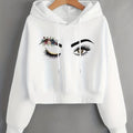 Floral And Figure Graphic Drop Shoulder Drawstring Cropped Thermal Hoodie   OAXG White / S