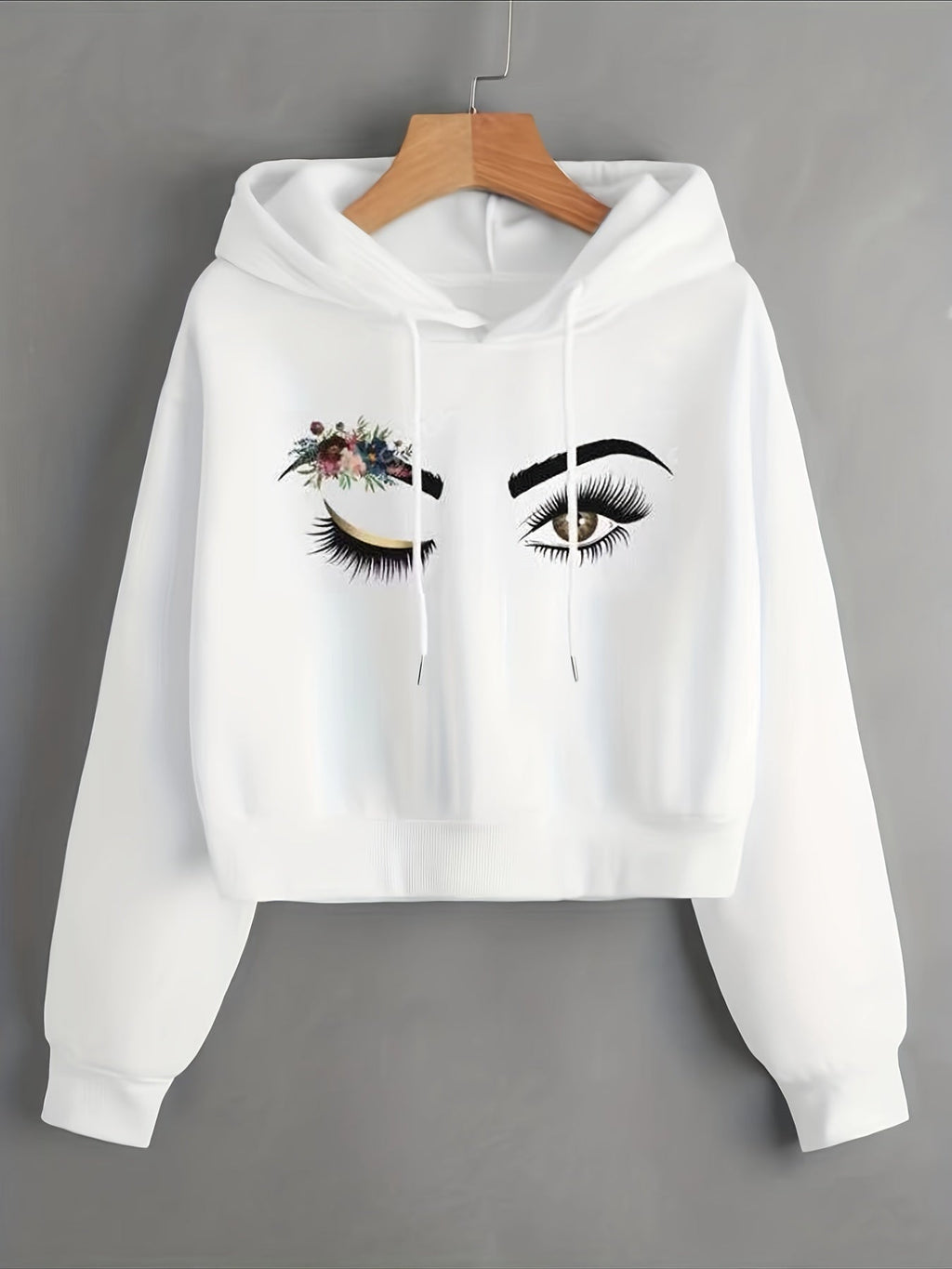 Floral And Figure Graphic Drop Shoulder Drawstring Cropped Thermal Hoodie   OAXG White / S