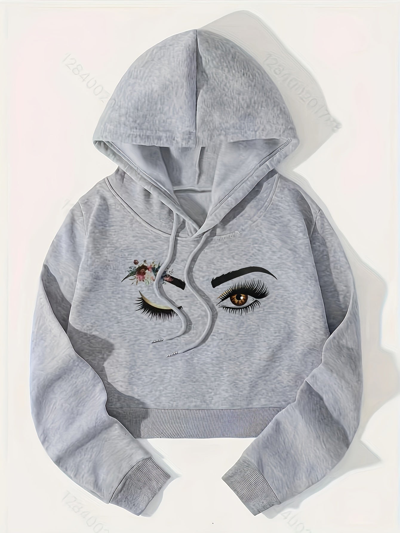 Floral And Figure Graphic Drop Shoulder Drawstring Cropped Thermal Hoodie   OAXG White / S