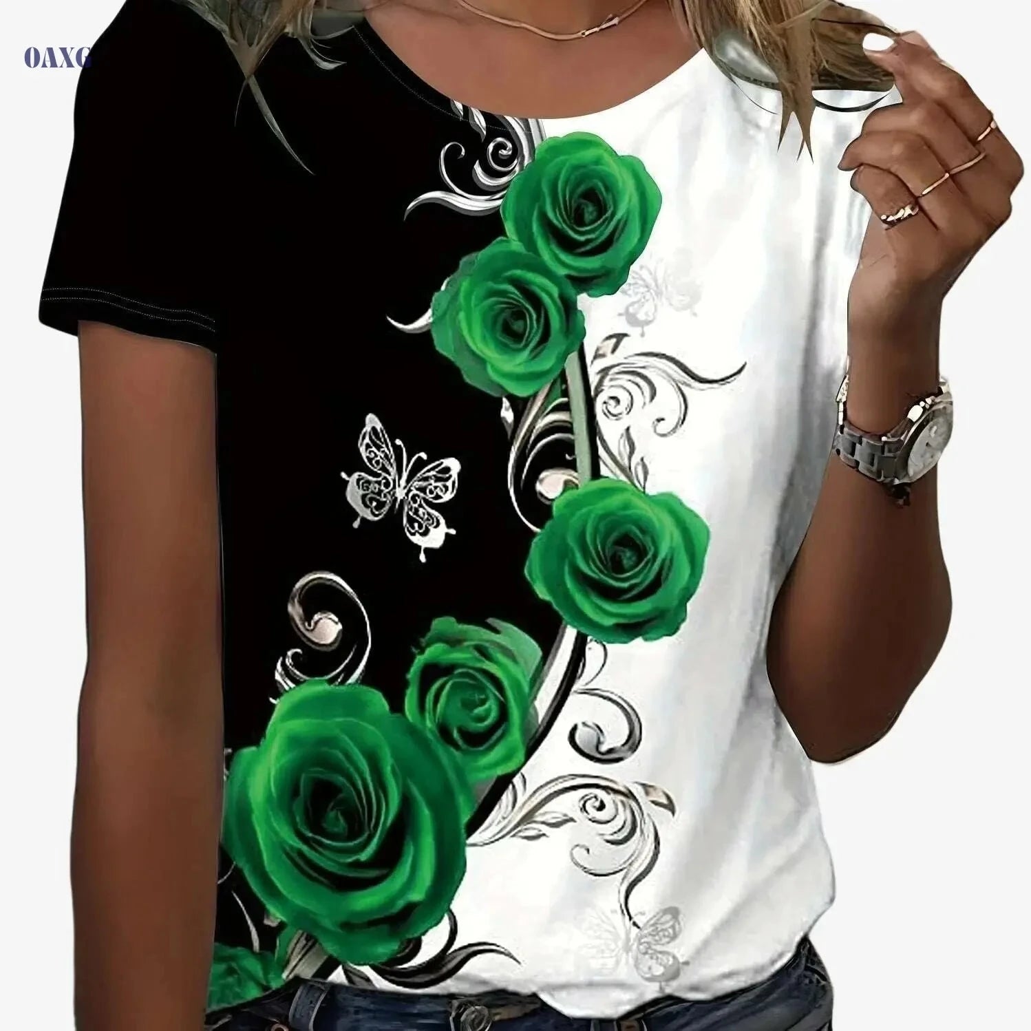 Floral Color Block T-Shirt - Women's Casual Crew Neck Summer Top   OAXG 