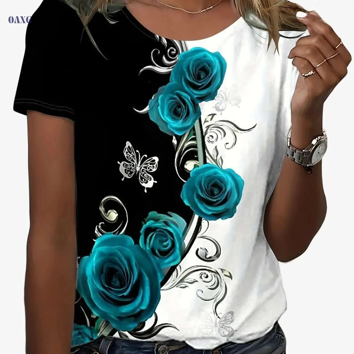 Floral Color Block T-Shirt - Women's Casual Crew Neck Summer Top   OAXG 
