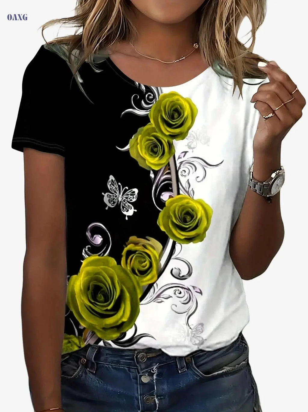 Floral Color Block T-Shirt - Women's Casual Crew Neck Summer Top   OAXG 