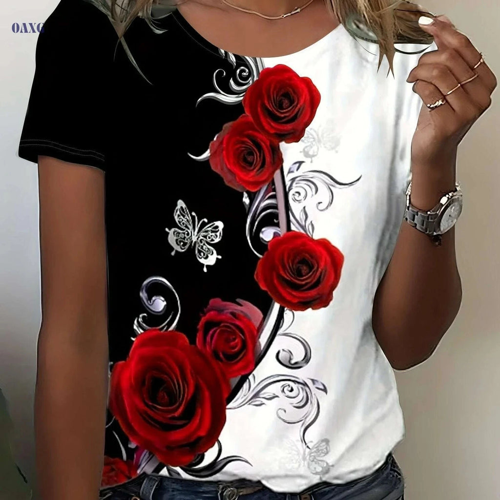 Floral Color Block T-Shirt - Women's Casual Crew Neck Summer Top   OAXG Red / S