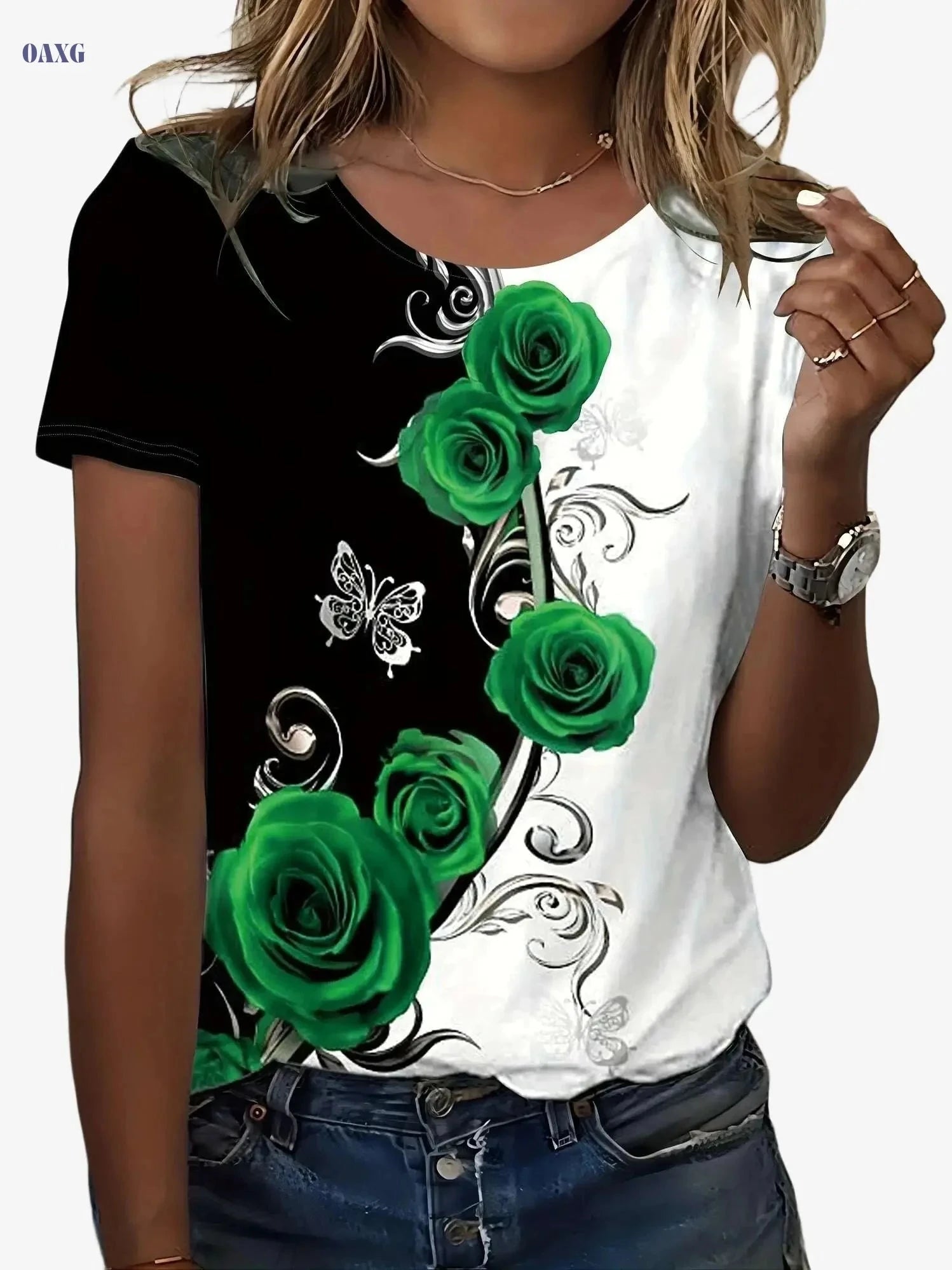Floral Color Block T-Shirt - Women's Casual Crew Neck Summer Top   OAXG Red / S