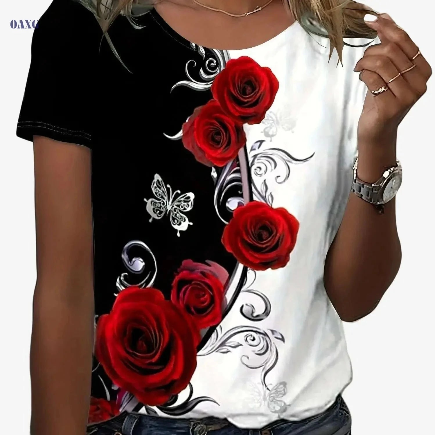Floral Color Block T-Shirt - Women's Casual Crew Neck Summer Top   OAXG Red / S