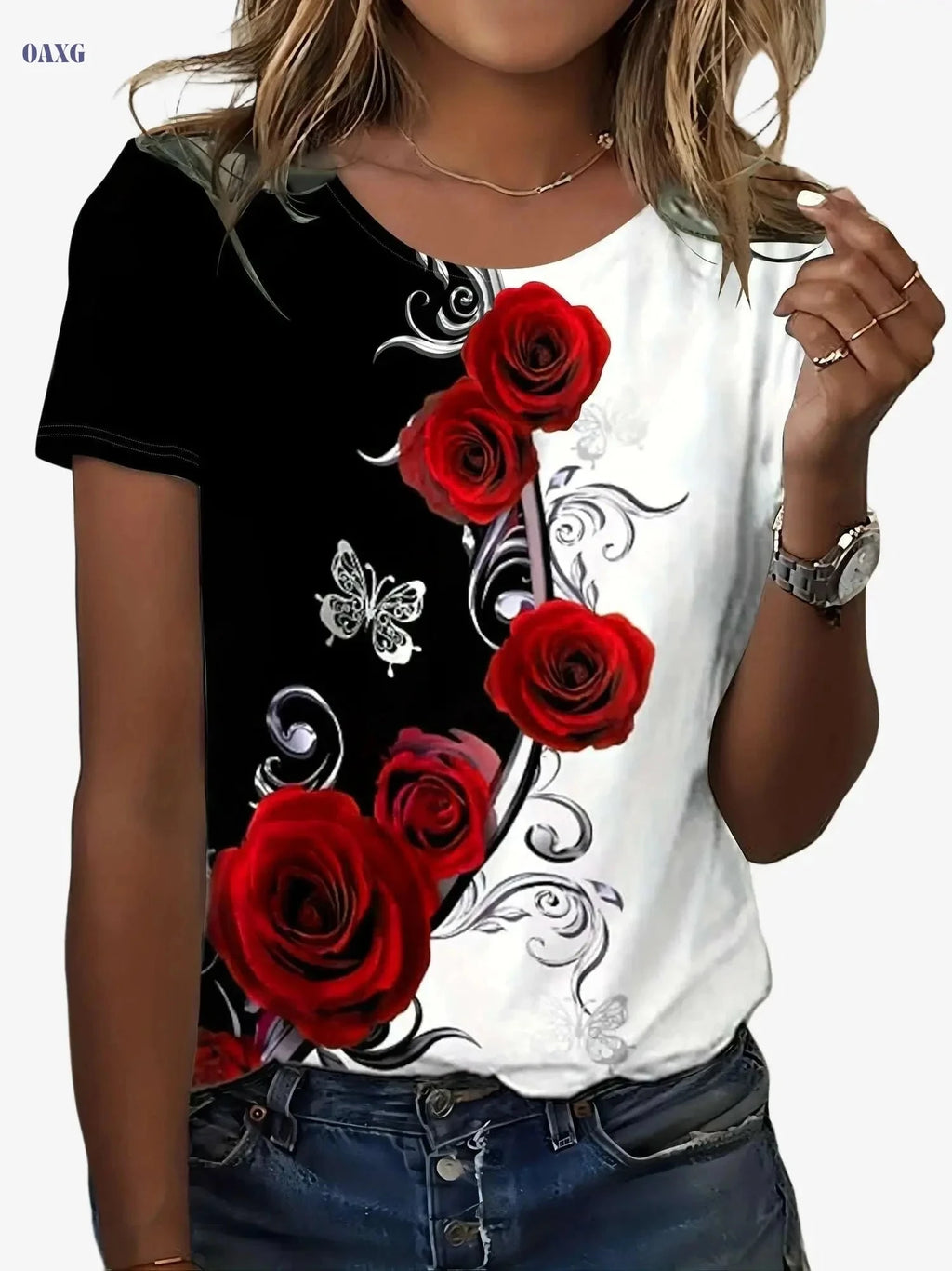 Floral Color Block T-Shirt - Women's Casual Crew Neck Summer Top   OAXG Red / S