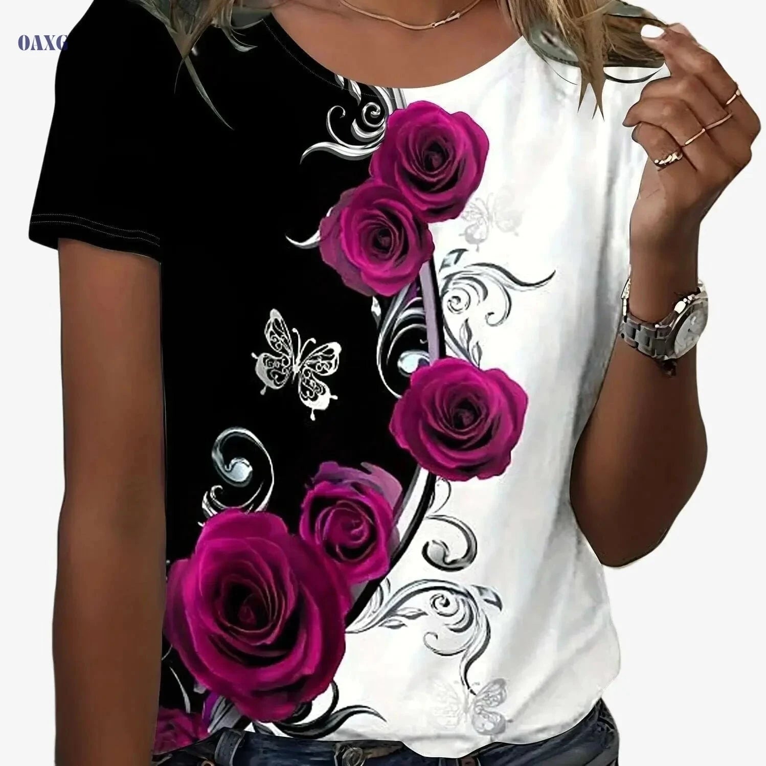 Floral Color Block T-Shirt - Women's Casual Crew Neck Summer Top   OAXG Red / S