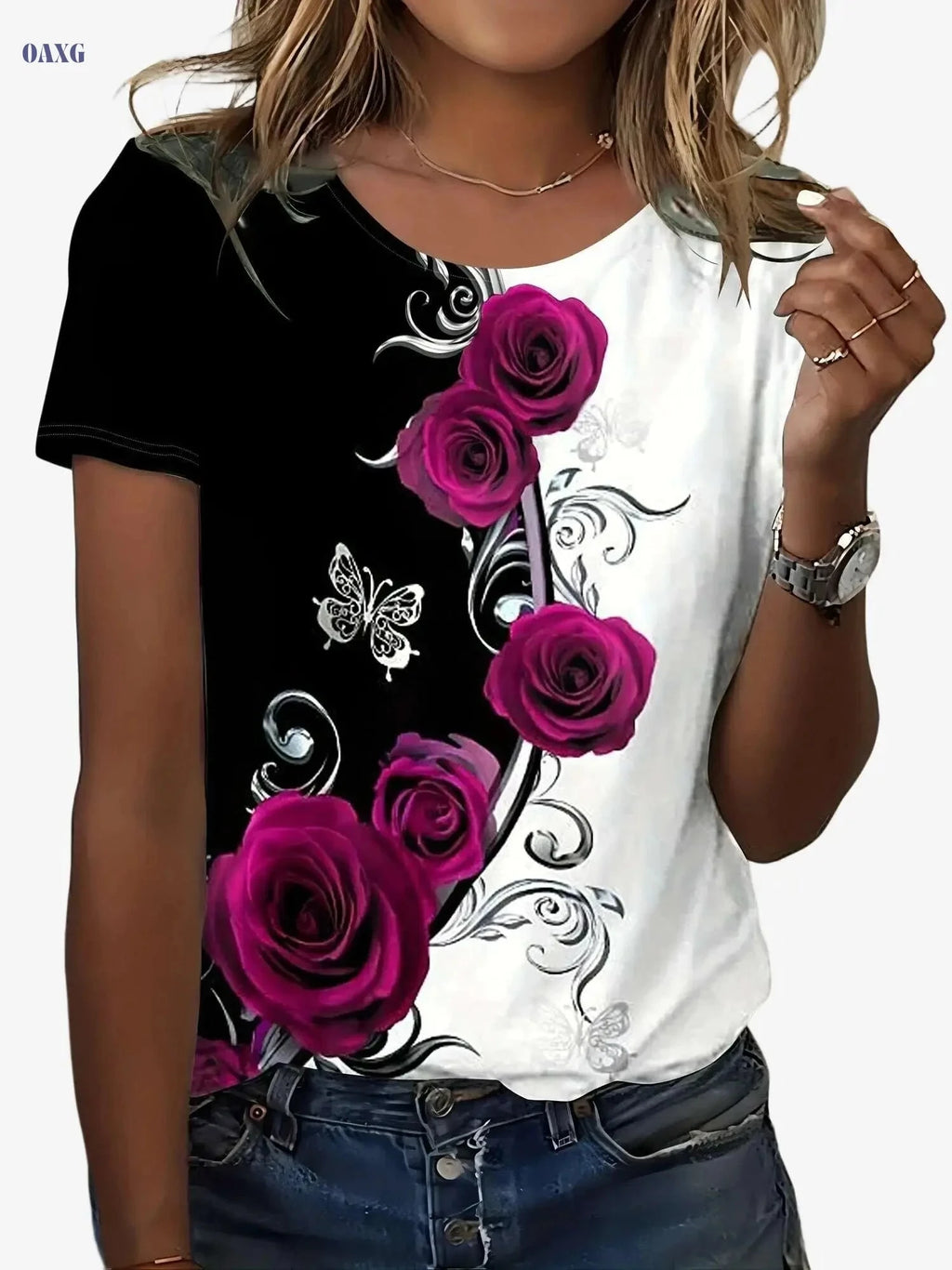 Floral Color Block T-Shirt - Women's Casual Crew Neck Summer Top   OAXG Red / S