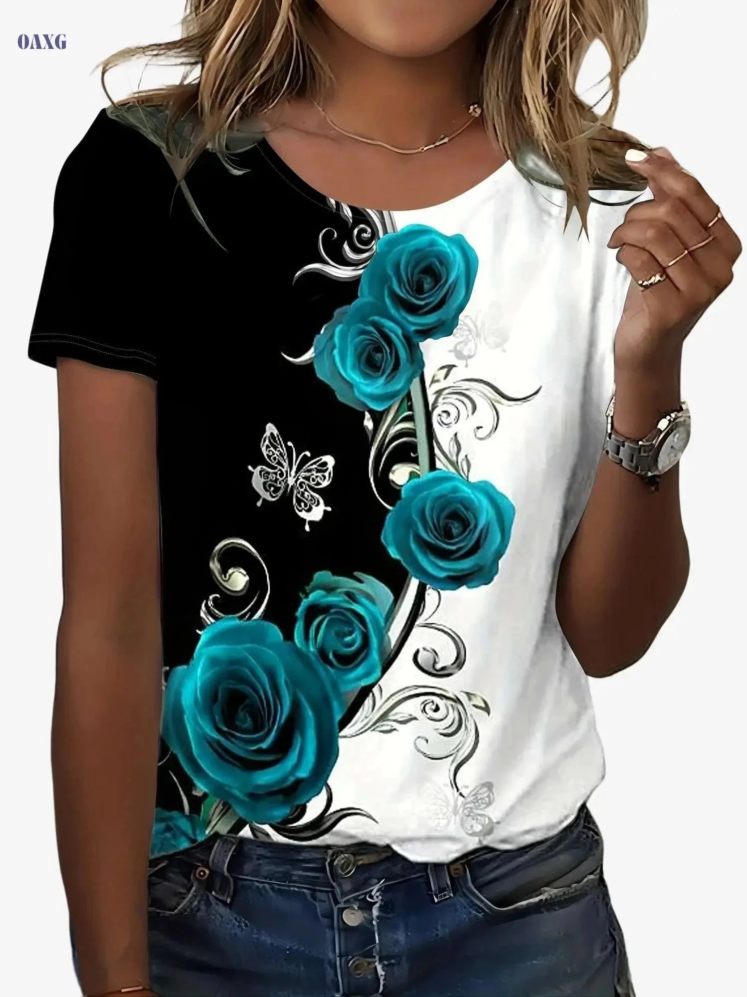 Floral Color Block T-Shirt - Women's Casual Crew Neck Summer Top   OAXG 