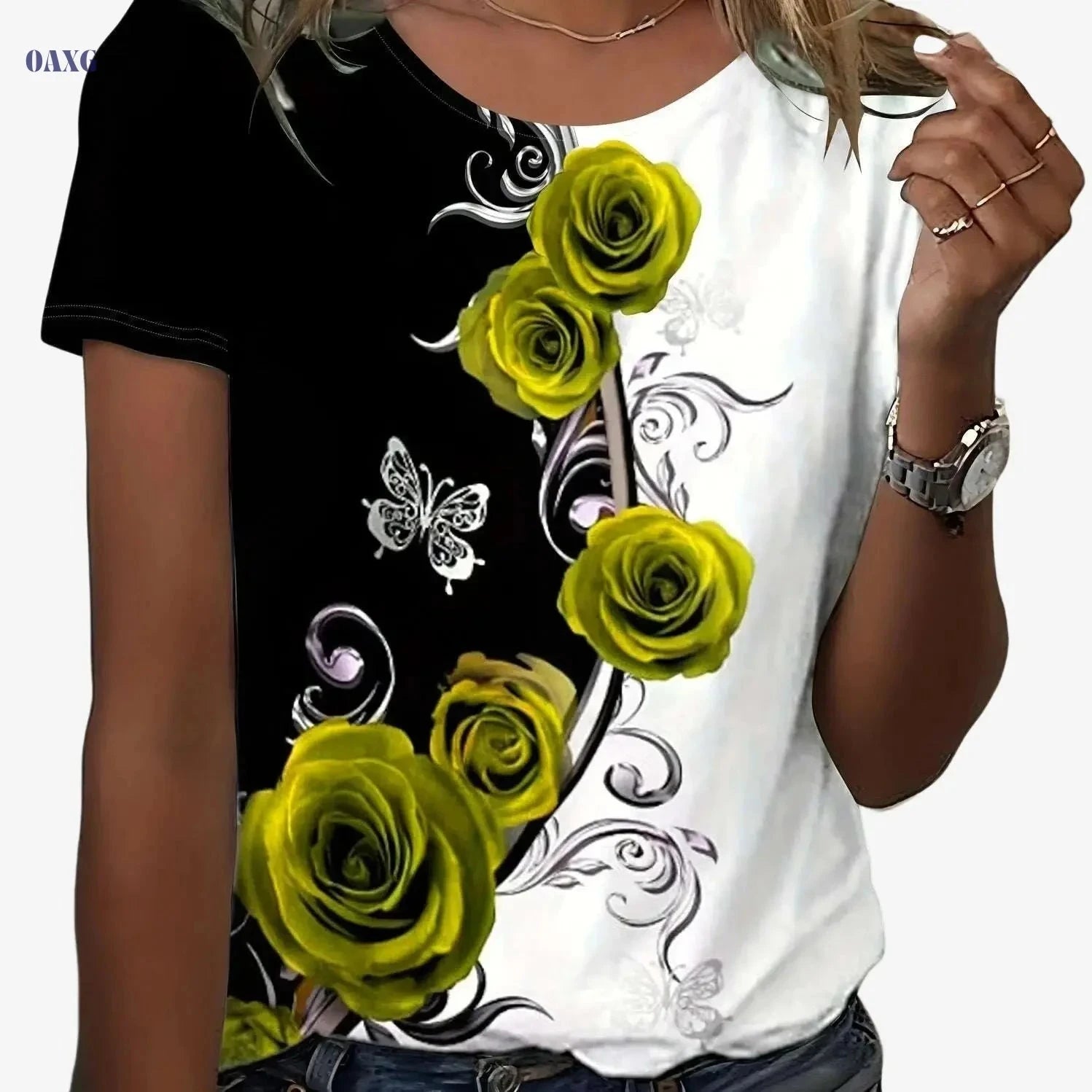 Floral Color Block T-Shirt - Women's Casual Crew Neck Summer Top   OAXG 