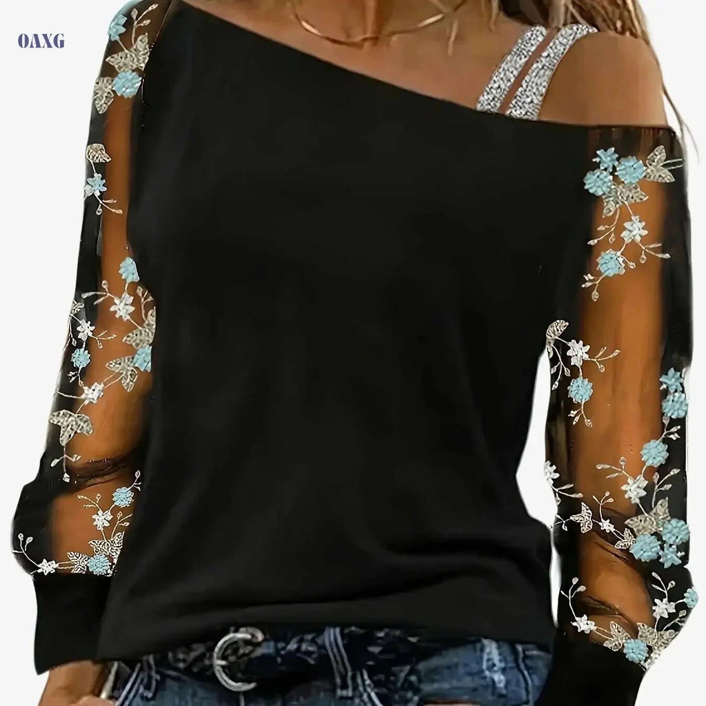 Floral Embroidery Asymmetric Neck Top - Elegant Women's Spring Fashion   OAXG Light Blue / S