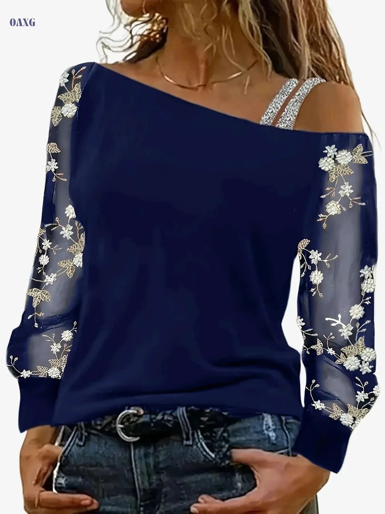 Floral Embroidery Asymmetric Neck Top - Elegant Women's Spring Fashion   OAXG Light Blue / S