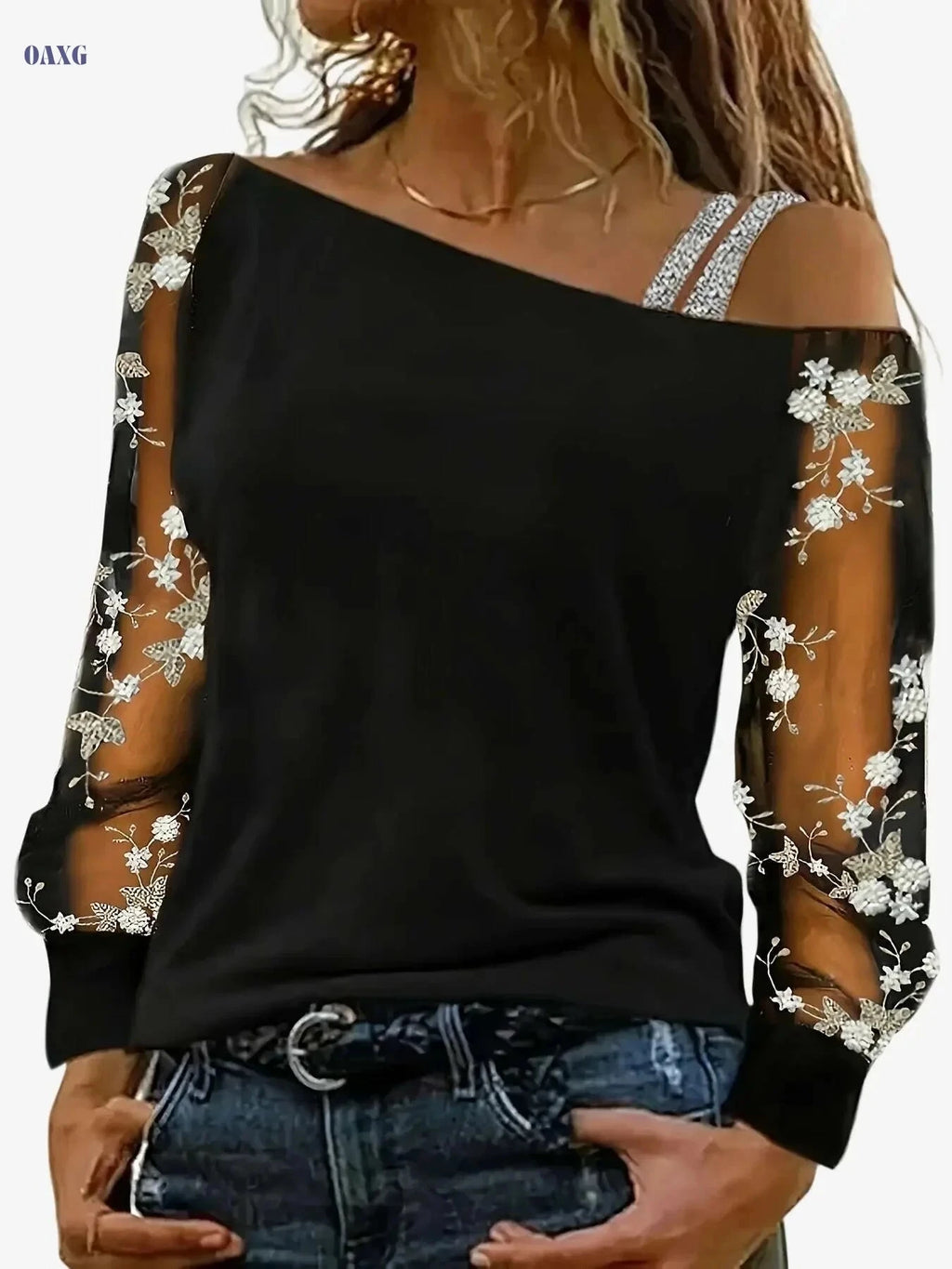 Floral Embroidery Asymmetric Neck Top - Elegant Women's Spring Fashion   OAXG Light Blue / S