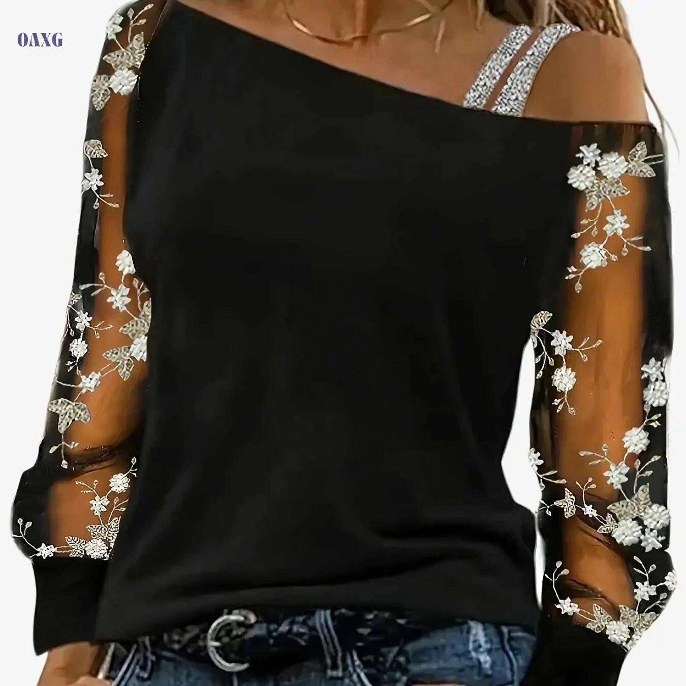 Floral Embroidery Asymmetric Neck Top - Elegant Women's Spring Fashion   OAXG Light Blue / S