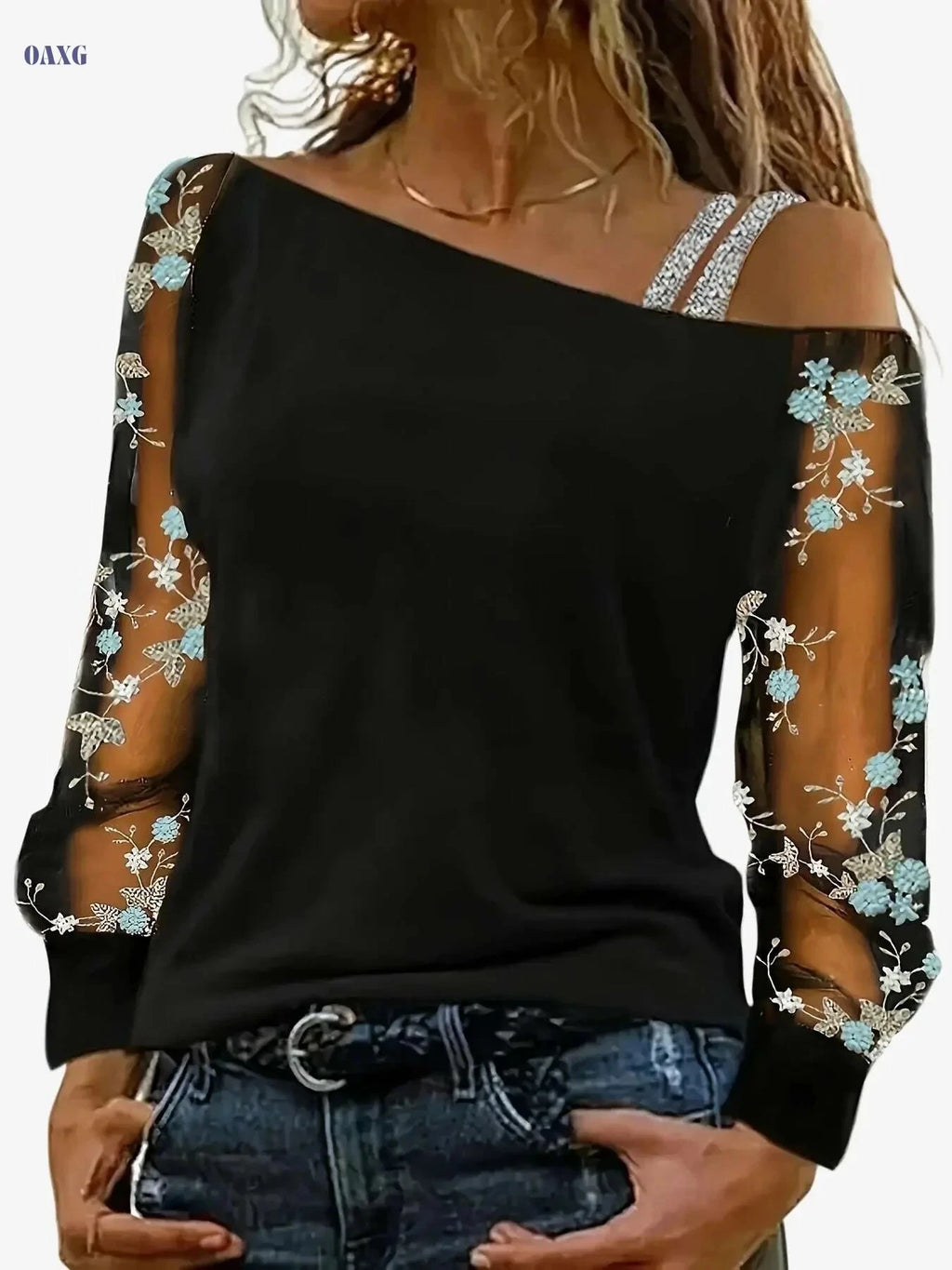 Floral Embroidery Asymmetric Neck Top - Elegant Women's Spring Fashion   OAXG Light Blue / S