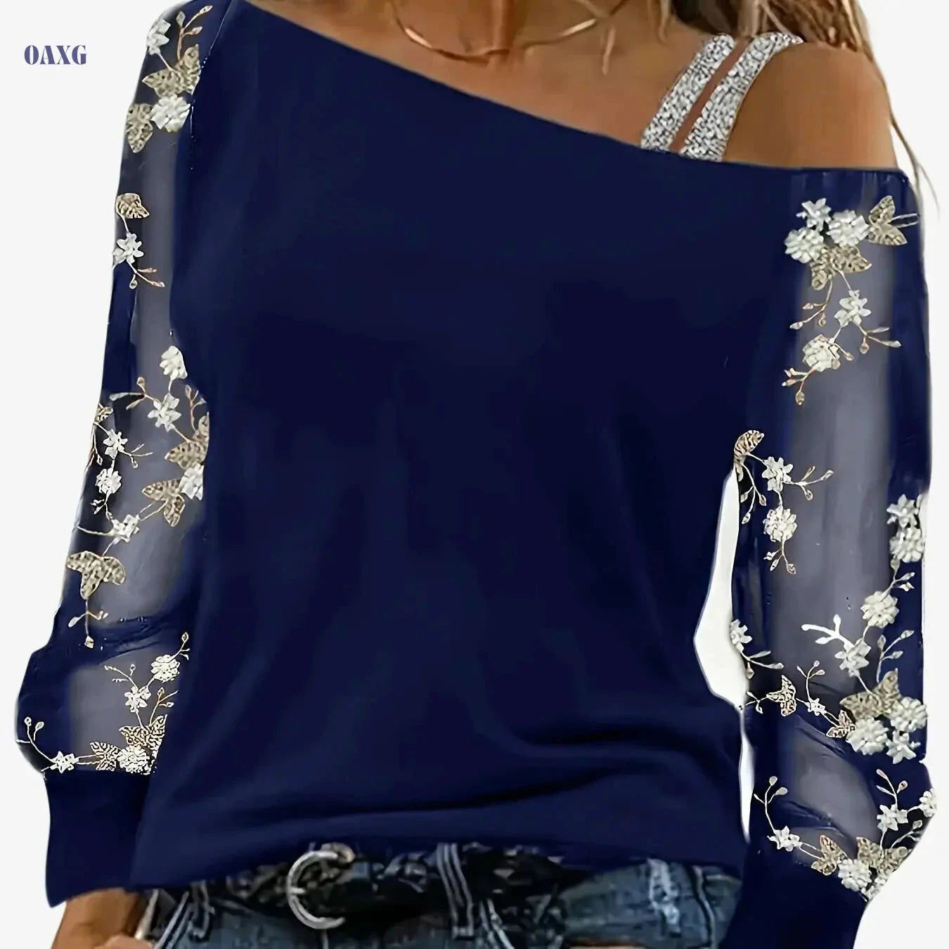 Floral Embroidery Asymmetric Neck Top - Elegant Women's Spring Fashion   OAXG 