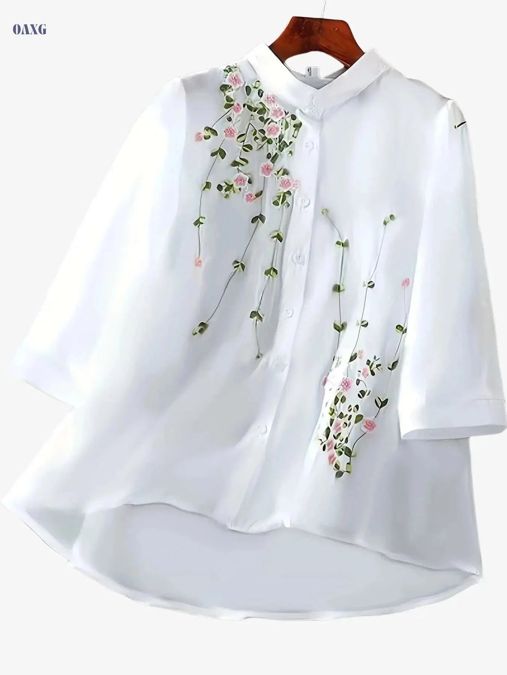 Floral Embroidery Blouse - Casual 3/4 Sleeve Chiffon for Spring   OAXG White / XS
