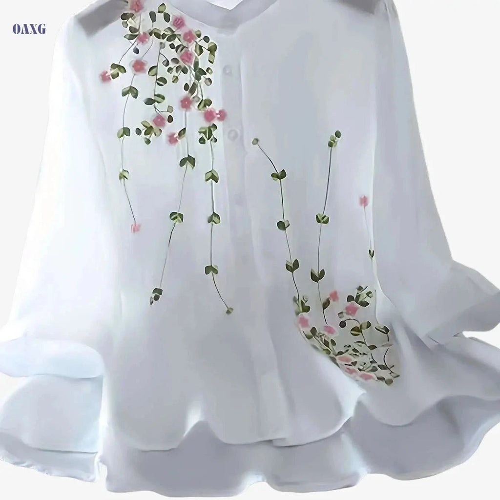 Floral Embroidery Blouse - Casual 3/4 Sleeve Chiffon for Spring   OAXG White / XS