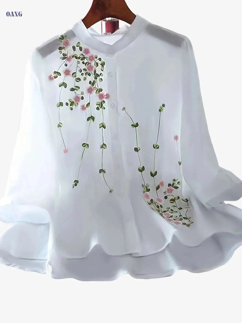 Floral Embroidery Blouse - Casual 3/4 Sleeve Chiffon for Spring   OAXG White / XS