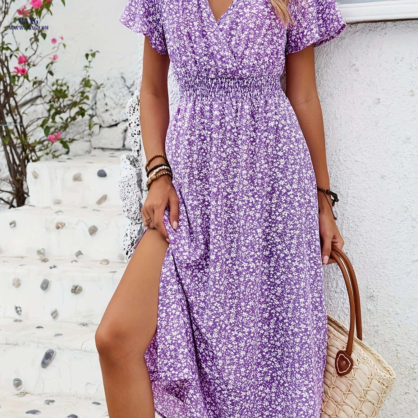 Floral Print Butterfly Sleeve Dress - V-neck, Split Leg Style   OAXG Purple / S