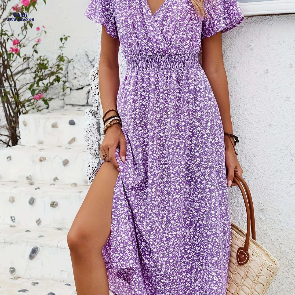 Floral Print Butterfly Sleeve Dress - V-neck, Split Leg Style   OAXG Purple / S