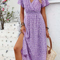 Floral Print Butterfly Sleeve Dress - V-neck, Split Leg Style   OAXG Purple / S
