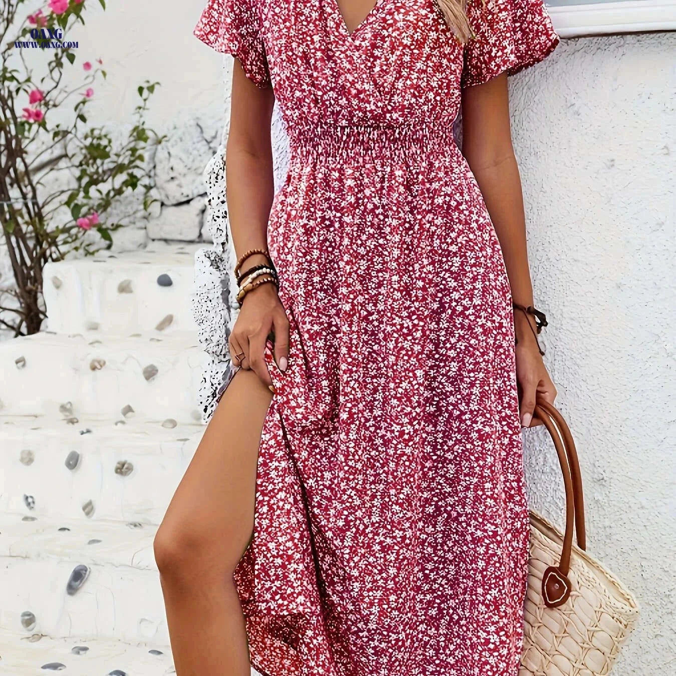 Floral Print Butterfly Sleeve Dress - V-neck, Split Leg Style   OAXG 
