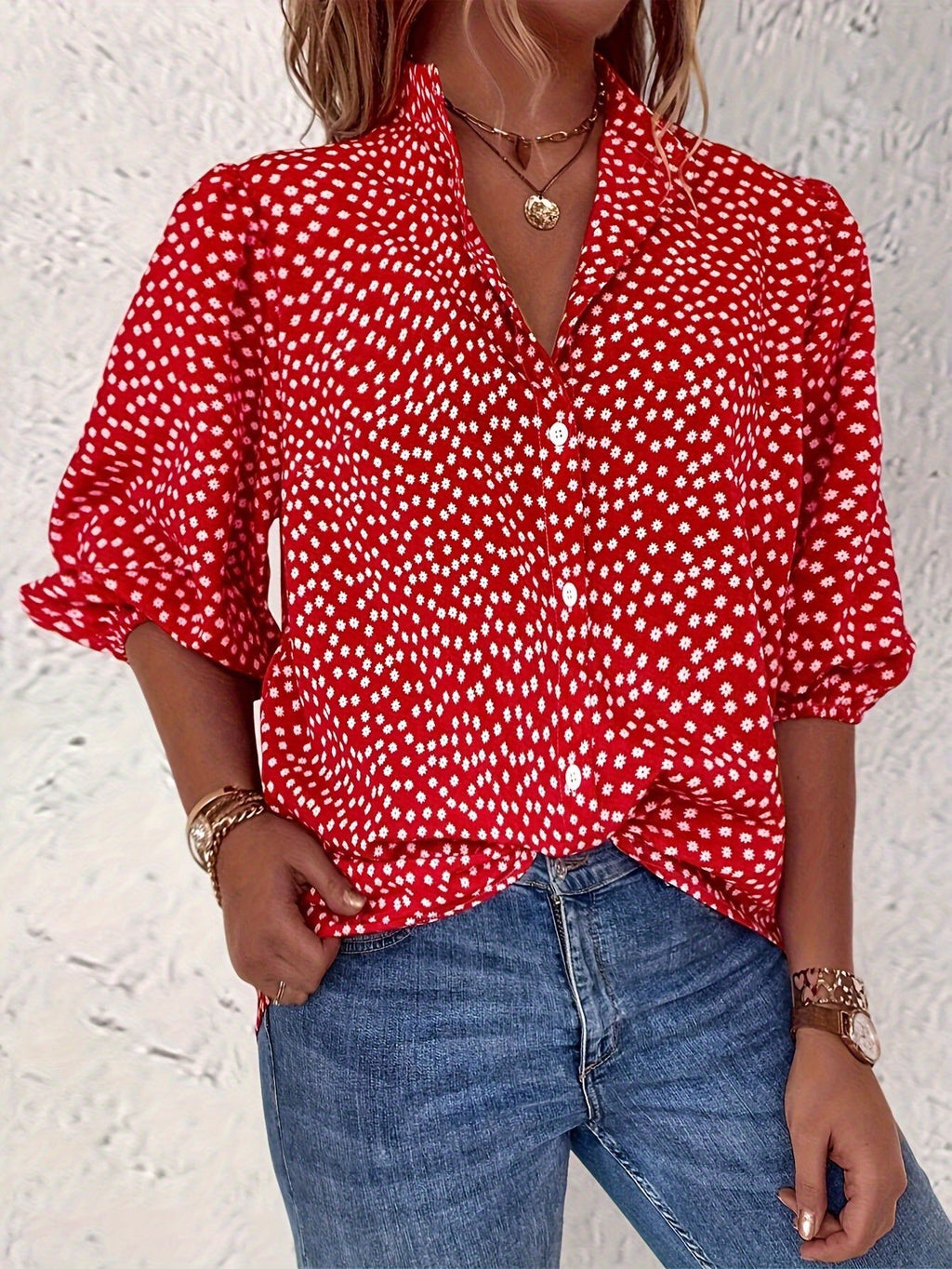 Floral Print Button Front Blouse, Casual Lantern Sleeve Blouse For Spring & Summer, Women's Clothing   OAXG Red / S