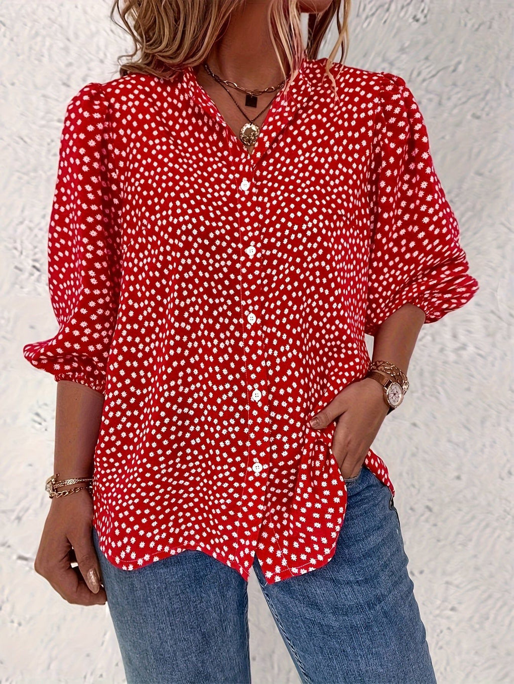 Floral Print Button Front Blouse, Casual Lantern Sleeve Blouse For Spring & Summer, Women's Clothing   OAXG Red / S