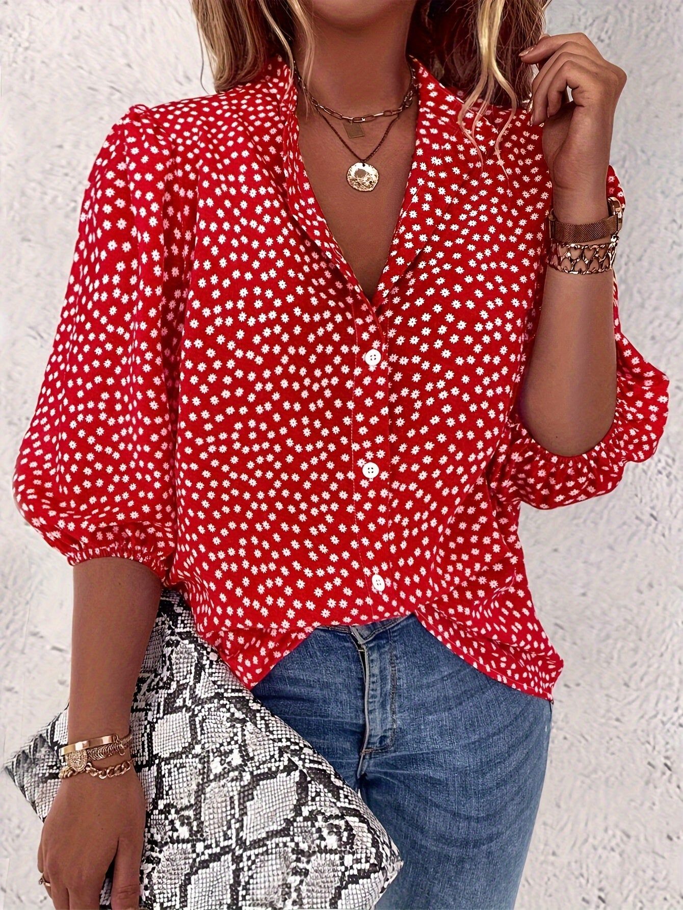 Floral Print Button Front Blouse, Casual Lantern Sleeve Blouse For Spring & Summer, Women's Clothing   OAXG Red / S