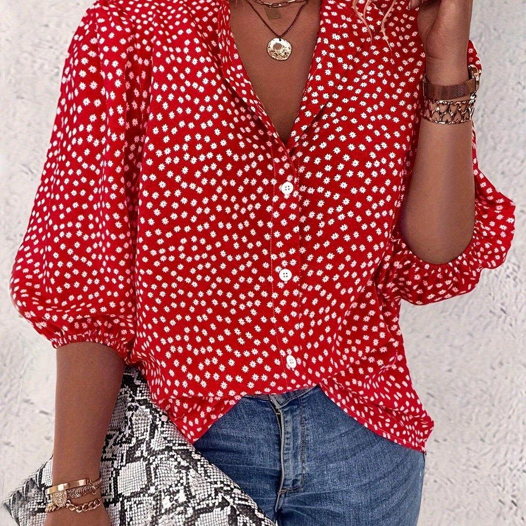Floral Print Button Front Blouse, Casual Lantern Sleeve Blouse For Spring & Summer, Women's Clothing   OAXG Red / S