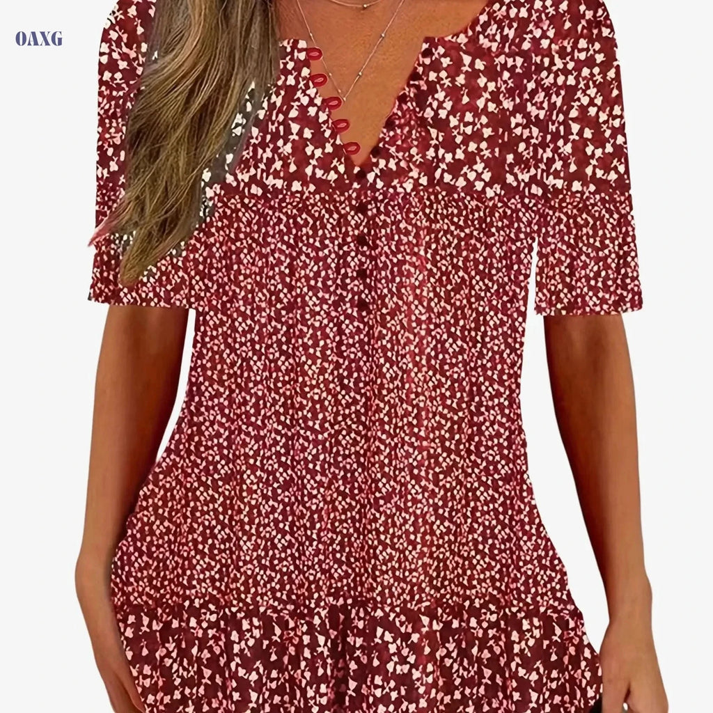 Floral Print Button Front T-Shirt - Short Sleeve Casual Summer Top   OAXG 